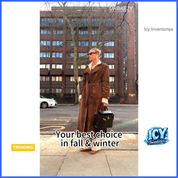 Faux Suede Trench Coat Double Breasted Pea Coat with Belt - Picture 6 of 6